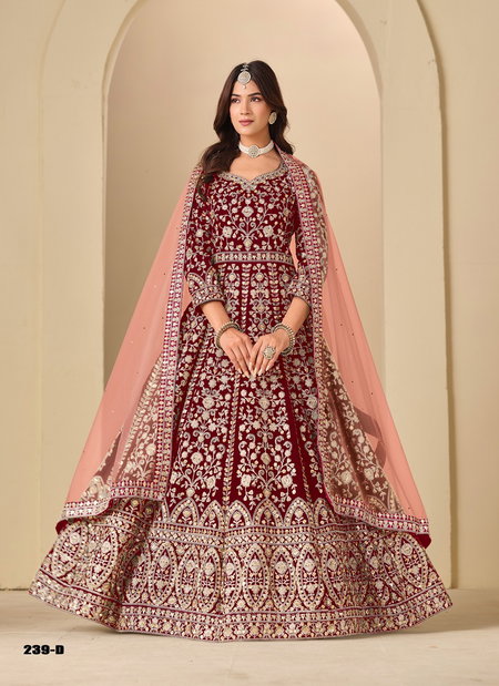 Maroon Color Aanaya Vol 239 By Dani Creation Velvet Designer Work Gown With Dupatta 239 D